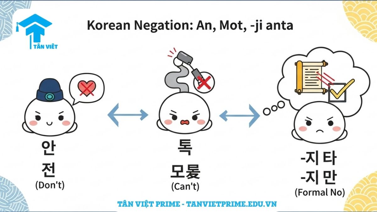 Infographic giải thích ngữ pháp phủ định tiếng Hàn: 안, 못, và -지 않다, mô tả ba nhân vật chibi đại diện cho mỗi cấu trúc với ví dụ minh họa trực quan để làm rõ sự khác biệt về ý nghĩa và cách dùng. Giúp người học tiếng Hàn dễ dàng nắm bắt các dạng phủ định cơ bản.