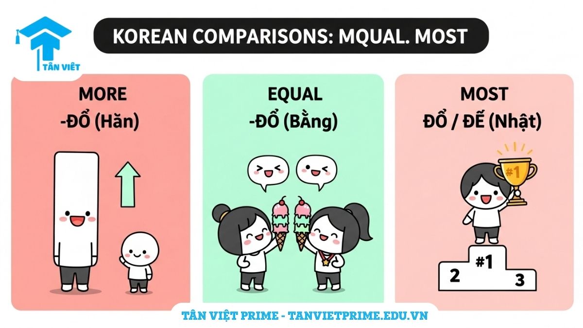 Infographic giải thích Ngữ pháp so sánh tiếng Hàn, mô tả ba kịch bản: một chibi cao hơn (minh họa -보다), hai chibi bằng nhau (minh họa -만큼), và một chibi đứng bục 1 (minh họa 제일/가장), giúp làm rõ ba cấu trúc so sánh.