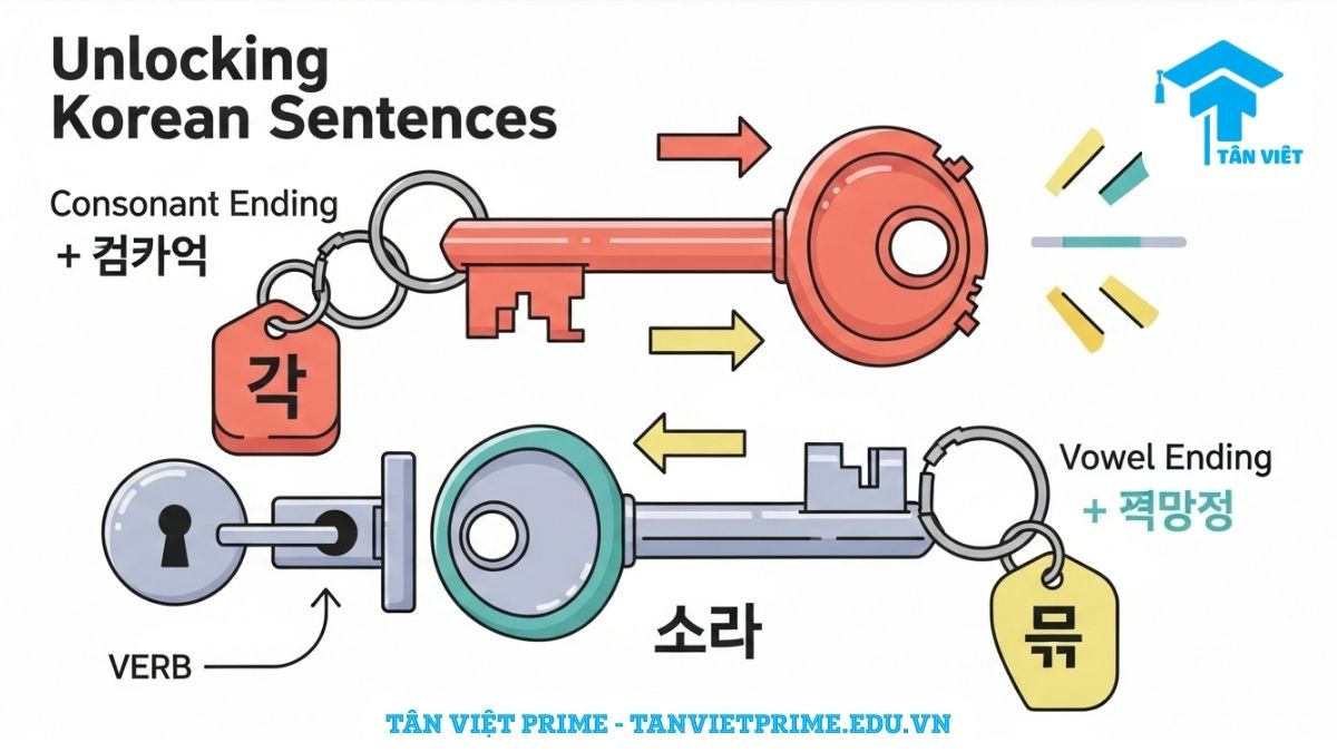 Sơ đồ giải thích ngữ pháp tiểu từ 을/를, mô tả hai chiếc chìa khóa '을' và '를' tương ứng với hai loại danh từ khác nhau để làm rõ cách chọn tiểu từ tân ngữ phù hợp.