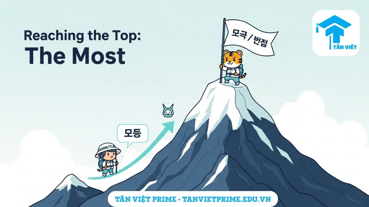 Hình ảnh minh họa giải thích khái niệm so sánh nhất '가장 / 제일', mô tả một nhân vật chibi cắm cờ trên đỉnh núi cao nhất, để làm rõ ý nghĩa "mức độ cao nhất" của ngữ pháp. Phân biệt 'nhất' (가장/제일) và 'hơn' (더).