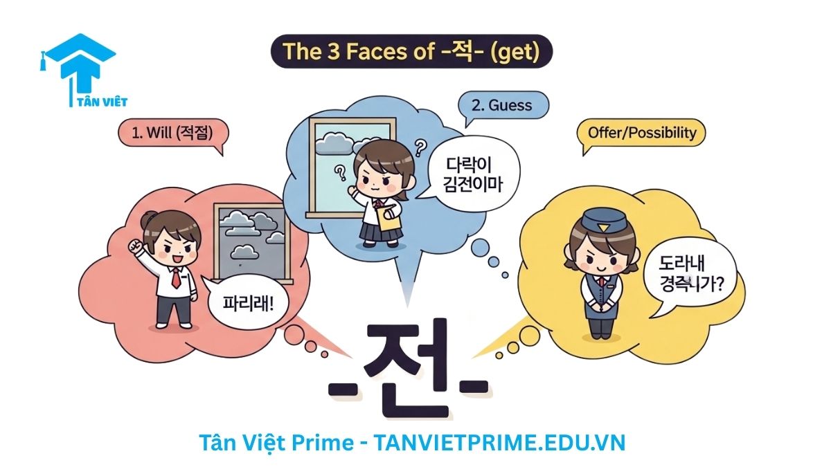 Infographic giải thích 3 ý nghĩa chính của ngữ pháp A/V-겠- trong tiếng Hàn, mô tả ba nhân vật chibi minh họa cho ba cách dùng: Ý chí (sẽ), Dự đoán (chắc là), và Khả năng/Đề nghị (có thể) để giúp người học phân biệt các chức năng đa dạng của đuôi câu -겠-.