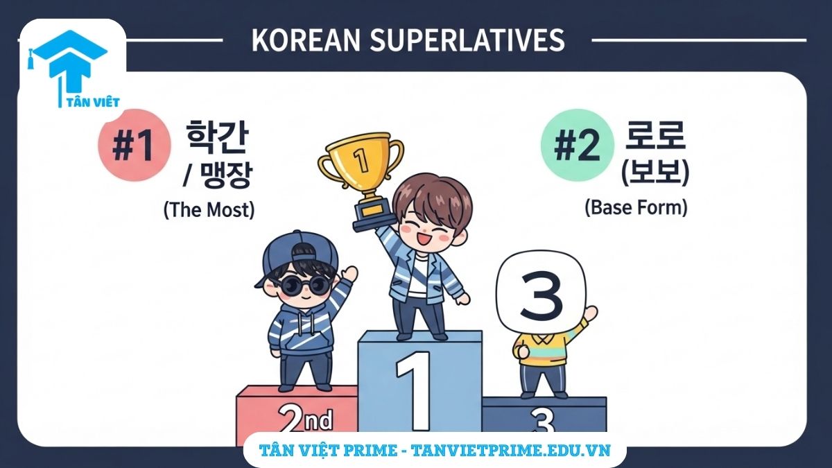 Infographic giải thích ngữ pháp so sánh nhất tiếng Hàn, mô tả ba nhân vật chibi trên bục nhận giải 1, 2, 3, để làm rõ khái niệm 'nhất' (가장 / 제일) so với 'hơn' (더). Minh họa cách dùng 'gajang' và 'jeil' để chỉ mức độ cao nhất.