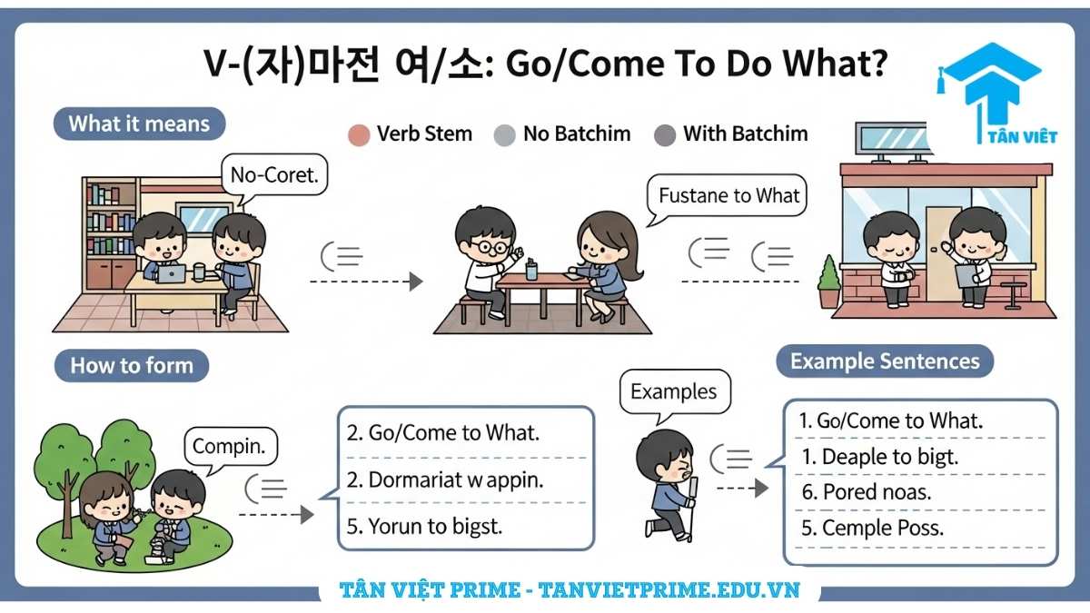 Infographic giải thích ngữ pháp tiếng Hàn V-(으)러 가다/오다, mô tả các ví dụ về mục đích di chuyển qua hình ảnh chibi đáng yêu để làm rõ cách dùng "đi/đến để làm gì". Học cách diễn tả mục đích một cách tự nhiên.