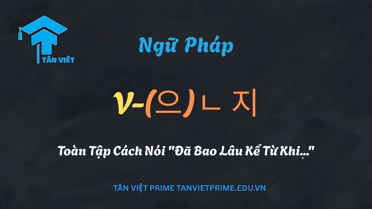Infographic giải thích ngữ pháp V-(으)ㄴ 지 trong tiếng Hàn, mô tả một dòng thời gian từ một hành động trong quá khứ đến hiện tại để làm rõ cách diễn tả 'đã bao lâu kể từ khi...'. Giúp ghi nhớ cấu trúc và cách dùng hiệu quả.