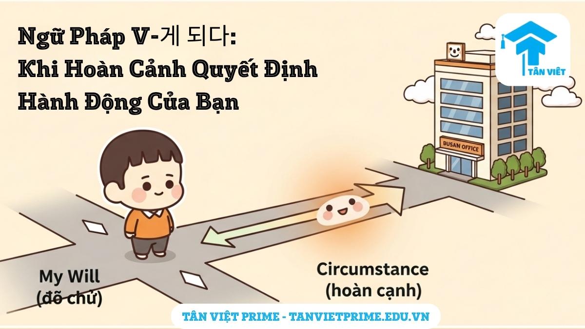 Hình ảnh minh họa giải thích ngữ pháp V-게 되다, mô tả một nhân vật chibi được "hoàn cảnh" dẫn dắt đến một kết quả (chuyển việc) thay vì "ý chí" của bản thân, để làm rõ khái niệm cốt lõi "thay đổi do yếu tố khách quan".