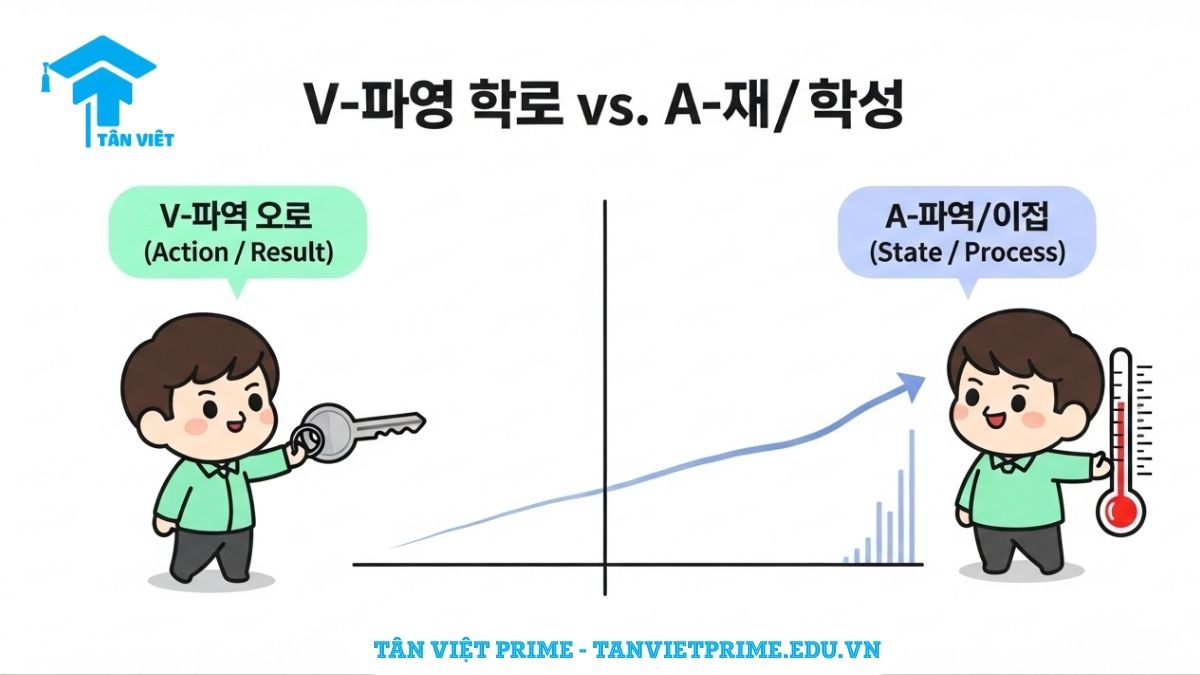 Infographic giải thích ngữ pháp V-게 되다 và A-아/어지다, mô tả V-게 되다 (bên trái) là một kết quả (nhân vật nhận chìa khóa) và A-아/어지다 (bên phải) là một quá trình (nhiệt kế tăng), để làm rõ sự khác biệt giữa "thay đổi hành động" và "thay đổi trạng thái".