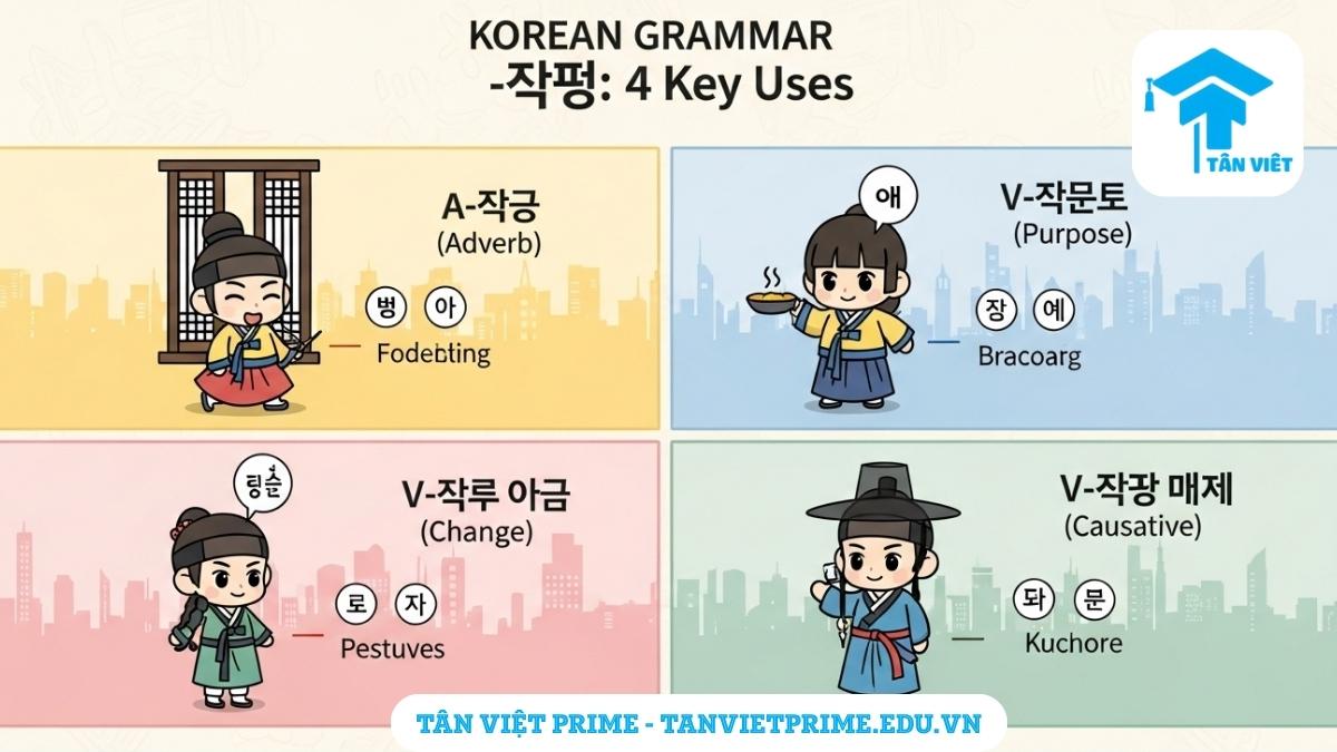 Infographic giải thích 4 cách dùng ngữ pháp -게 trong tiếng Hàn, mô tả A-게 (trạng từ), V-게 (mục đích), V-게 되다 (thay đổi) và V-게 하다 (sai khiến) thông qua các ví dụ minh họa chibi dễ thương để làm rõ các khái niệm cốt lõi. Hướng dẫn ngữ pháp tiếng Hàn sơ cấp, học tiếng Hàn hiệu quả.