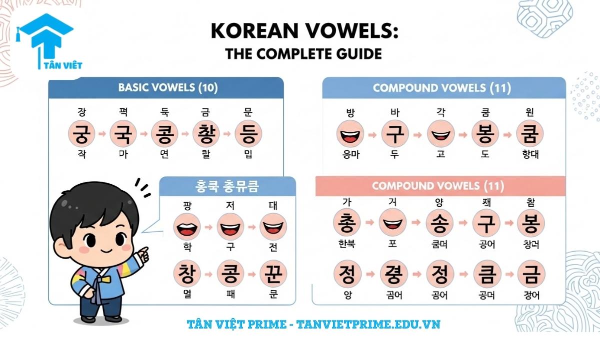 Infographic tổng quan 21 nguyên âm tiếng Hàn Hangeul (모음), phân loại 10 nguyên âm cơ bản và 11 nguyên âm ghép. Hình ảnh cô gái chibi dễ thương chỉ dẫn, giúp người mới bắt đầu dễ dàng làm quen với bảng nguyên âm tiếng Hàn.