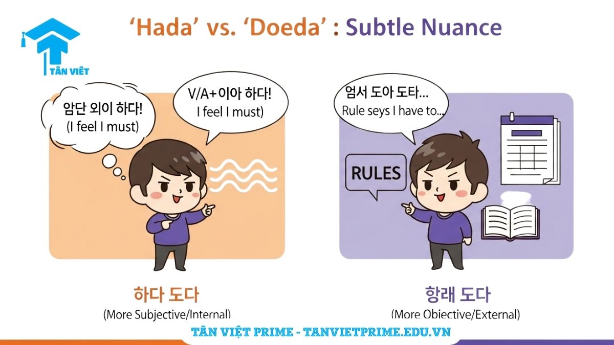 Hình ảnh minh họa giải thích sự khác biệt sắc thái giữa -아/어야 하다 và -아/어야 되다, mô tả '-하다' (chủ quan) và '-되다' (khách quan) qua biểu cảm và tình huống của nhân vật chibi để làm rõ cách chọn từ phù hợp. Nhấn mạnh sự khác biệt nhỏ khi nói "phải".