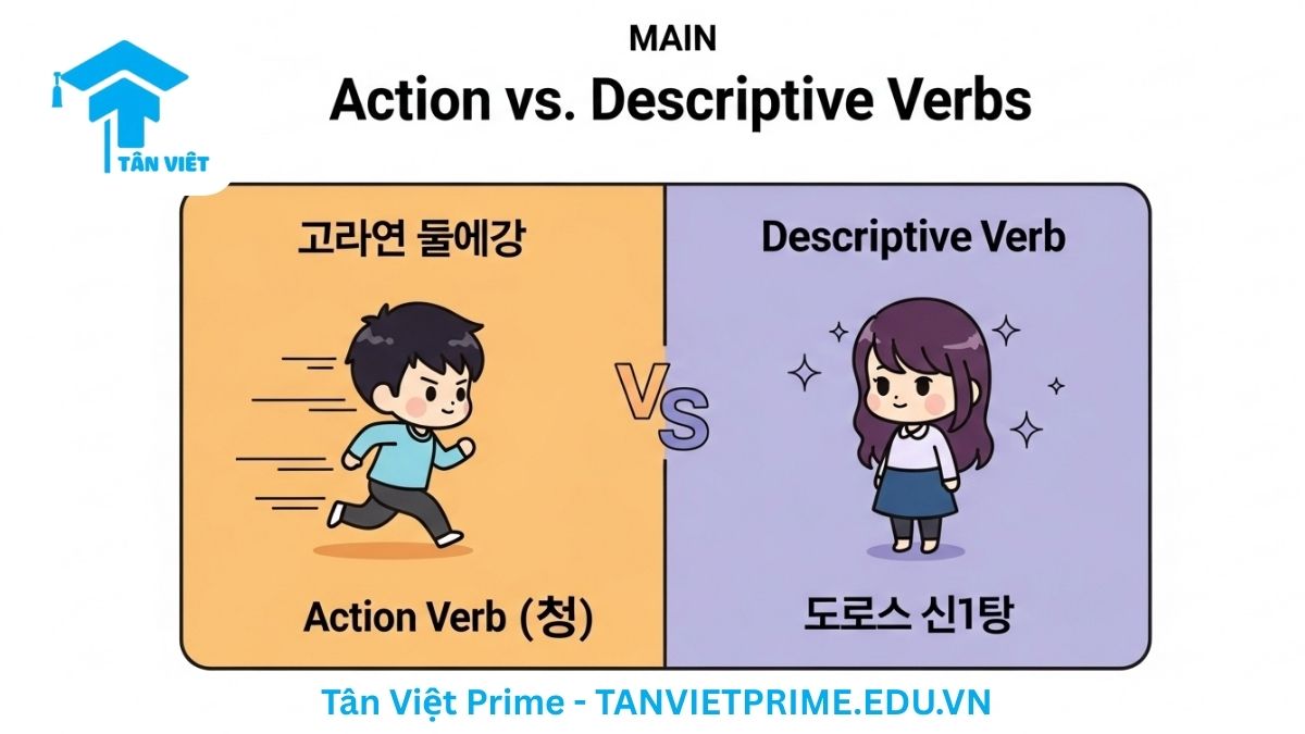 Động Từ Tiếng Hàn (한국어 동사): Toàn Tập Ngữ Pháp & Chia Động Từ A-Z 3 Infographic so sánh Động từ Hành động (동사) và Tính từ (형용사) trong tiếng Hàn, mô tả một nhân vật đang chạy và một nhân vật xinh đẹp để làm rõ sự khác biệt về chức năng và cách dùng