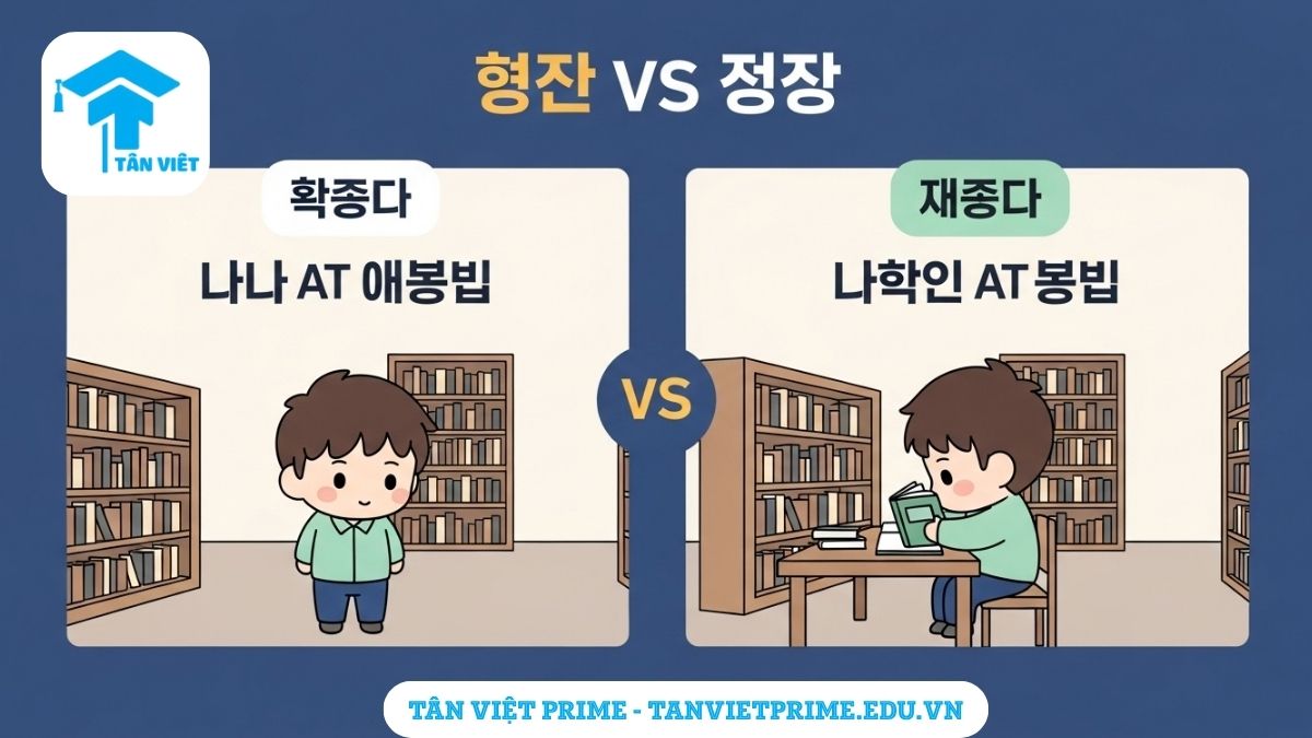 Infographic giải thích sự khác biệt giữa 에 và 에서 trong tiếng Hàn, mô tả một nhân vật 'ở' thư viện (dùng 에) và một nhân vật 'học' ở thư viện (dùng 에서), để làm rõ cách dùng tiểu từ chỉ vị trí tĩnh và nơi xảy ra hành động.