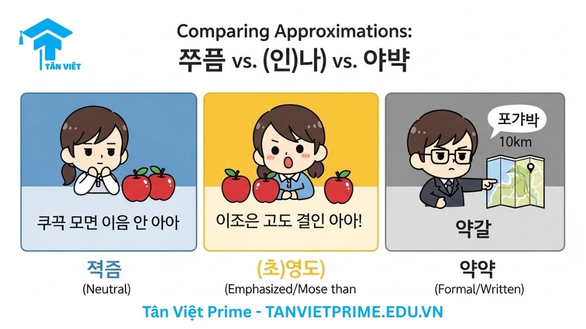 Infographic so sánh ngữ pháp tiếng Hàn 쯤, (이)나, và 약, mô tả ba tình huống khác nhau với một nhân vật chibi để làm rõ sắc thái nghĩa của từng từ: 쯤 (trung lập), (이)나 (nhấn mạnh, ngạc nhiên), và 약 (trang trọng). Giúp người học phân biệt và sử dụng đúng cách.