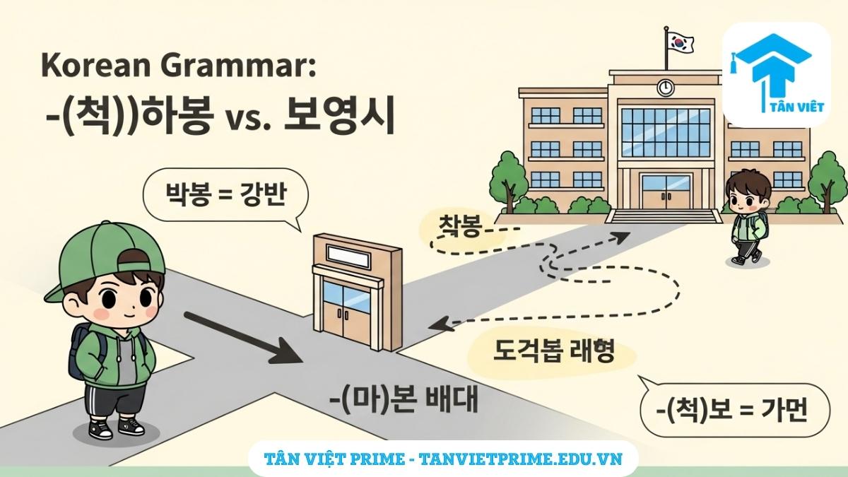 [Infographic] giải thích sự khác biệt giữa ngữ pháp tiếng Hàn -(으)로 và 에, mô tả một nhân vật chibi đứng ở ngã ba, với đường 에chỉ "đến" (đích đến) và đường-(으)로 chỉ "về phía" (phương hướng) một ngôi trường, giúp làm rõ cách dùng tiểu từ chỉ vị trí. [Phân biệt tiểu từ tiếng Hàn].