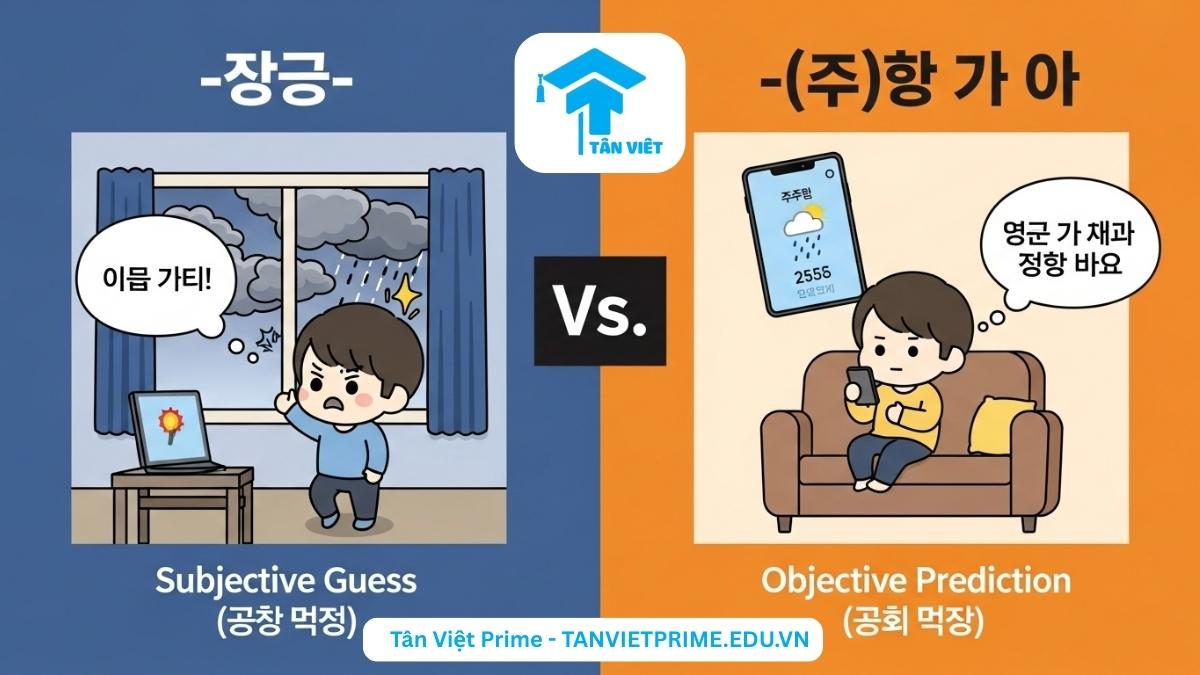 Infographic so sánh sự khác biệt giữa ngữ pháp -겠- và -(으)ㄹ 거예요, mô tả hai nhân vật chibi trong hai tình huống dự đoán khác nhau: một người nhìn trời mây đen (dùng -겠-) và một người xem dự báo thời tiết (dùng -(으)ㄹ 거예요) để làm rõ khi nào nên dùng mỗi cấu trúc.
