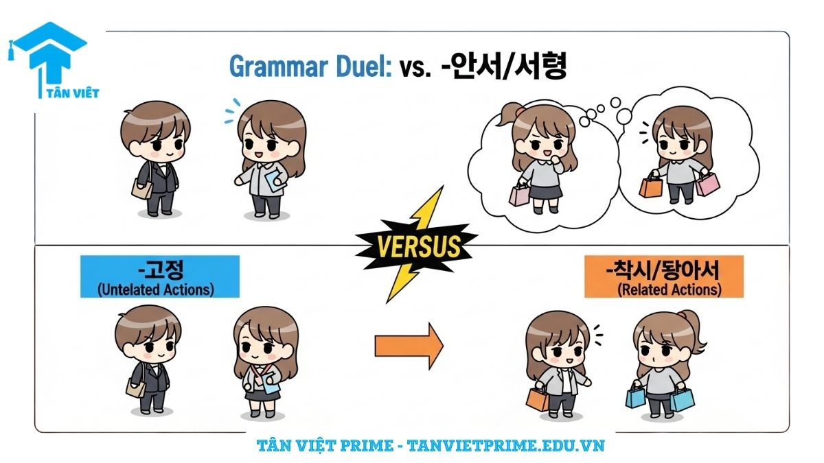[Sơ đồ] giải thích sự khác biệt giữa -고 và -아/어서, mô tả hình ảnh chibi minh họa -고 (hai hành động riêng biệt) và -아/어서 (hai hành động liên quan mật thiết), giúp làm rõ mối liên hệ của hành động trong câu.