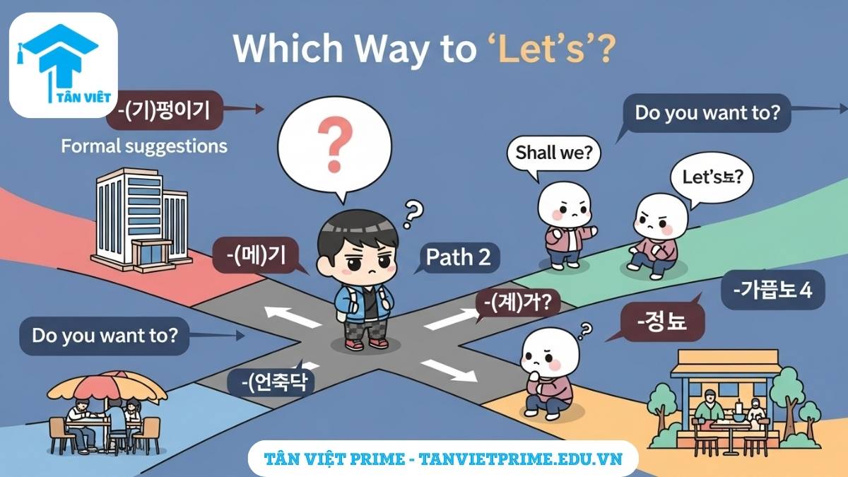 Infographic giải thích ngữ pháp rủ rê tiếng Hàn, mô tả một nhân vật chibi bối rối đứng trước 4 ngã rẽ ghi (으)ㅂ시다 (trang trọng), (으)ㄹ까요? (hỏi ý chung), (으)ㄹ래요? (hỏi ý riêng), và -자 (thân mật) để làm rõ sự khác biệt về sắc thái và bối cảnh.