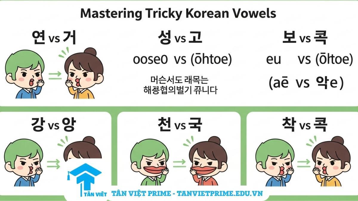 Infographic minh họa chi tiết cách phát âm và phân biệt các cặp nguyên âm tiếng Hàn khó: ㅓ/ㅗ, ㅡ/ㅜ, ㅐ/ㅔ. Hình ảnh chibi mô phỏng khẩu hình miệng giúp người học luyện đọc chuẩn xác hơn.