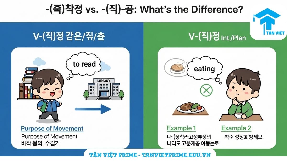 Sơ đồ so sánh ngữ pháp tiếng Hàn V-(으)러 가다/오다 và V-(으)려고 하다, minh họa sự khác biệt giữa mục đích di chuyển và ý định qua hình ảnh chibi tương phản. Phân biệt dễ hiểu để dùng đúng ngữ pháp.