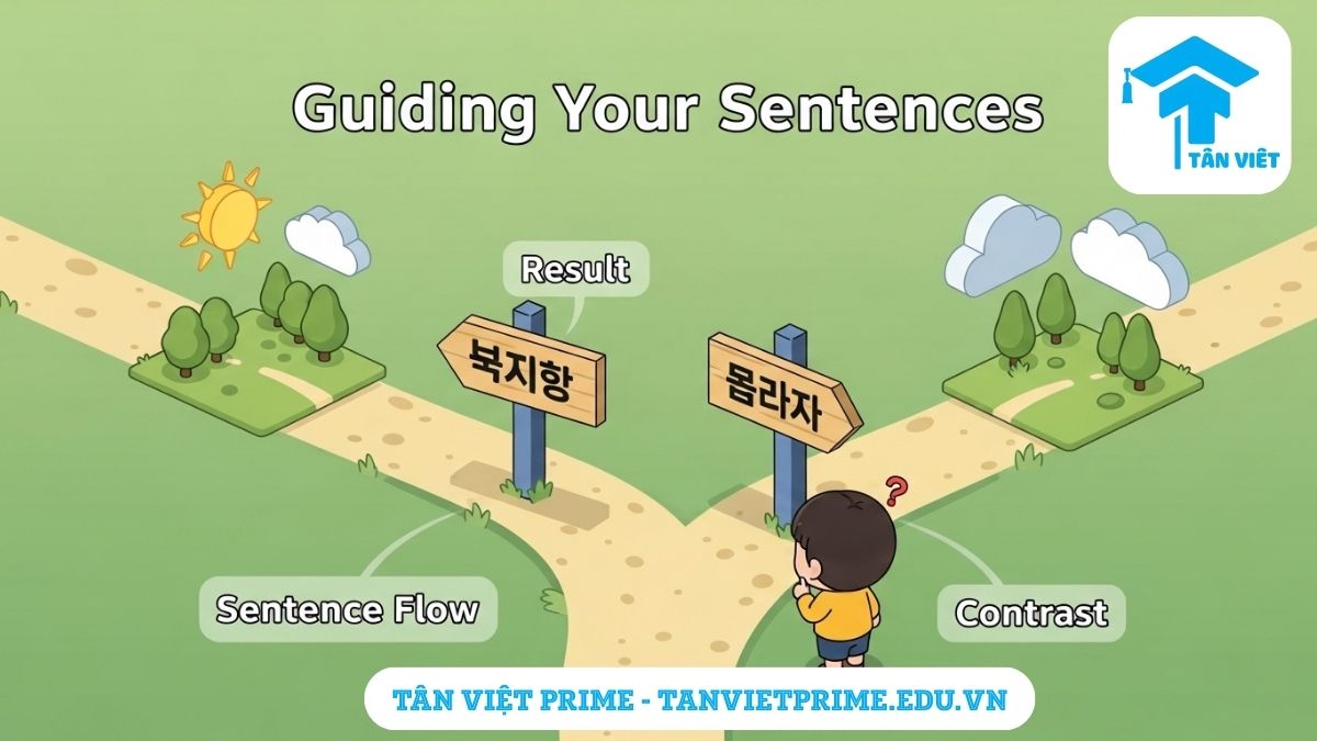 Sơ đồ giải thích chức năng của phó từ liên kết trong tiếng Hàn, mô tả một con đường tượng trưng cho câu văn với các biển báo (그래서, 하지만) chỉ hướng đi của logic để làm rõ cách phó từ liên kết dẫn dắt ý nghĩa của câu. Hướng dẫn cách dùng 그래서, 하지만, 그리고.