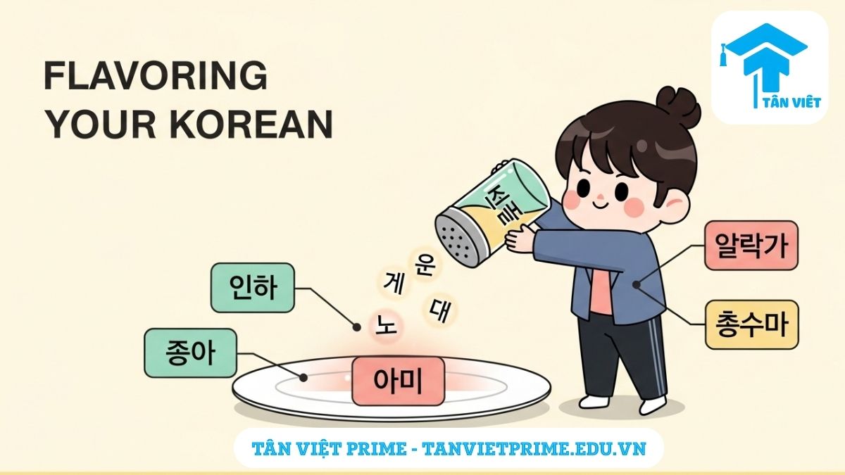 Hình ảnh minh họa giải thích khái niệm phó từ trong tiếng Hàn, mô tả một nhân vật chibi đang 'rắc' các phó từ (아주, 빨리) như gia vị vào một động từ để làm rõ vai trò của phó từ là 'thêm hương vị' và làm rõ nghĩa cho câu. Giúp việc học ngữ pháp 부사 trở nên thú vị.