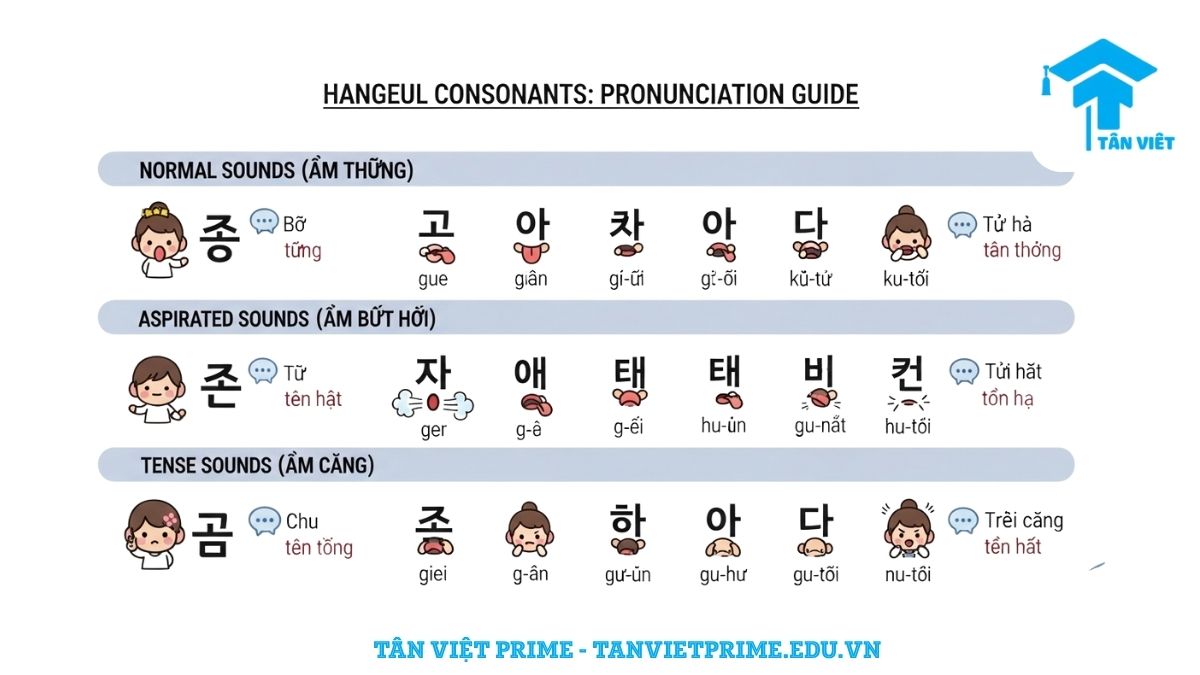 Phát Âm Tiếng Hàn: Cẩm Nang Toàn Tập (A-Z) Về Patchim & 9 Quy Tắc Biến Âm 3 Infographic minh họa các phụ âm tiếng Hàn (Hangeul) và cách phát âm theo 3 nhóm: Âm thường, Âm bật hơi, Âm căng. Hình ảnh phụ đề biểu thị cách đặt lưỡi, khẩu hình hoặc luồng hơi để làm rõ sự khác biệt giữa các âm. Hướng dẫn trực quan, chi tiết cho người mới học tiếng Hàn.