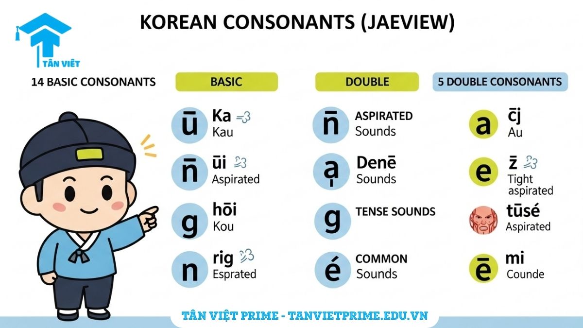 Infographic giải thích tổng quan 19 phụ âm tiếng Hàn (자음), mô tả các nhóm phụ âm cơ bản, phụ âm đôi, và phân biệt âm thường, bật hơi, căng để làm rõ cấu trúc bảng chữ cái Hangeul. Hình ảnh thân thiện, dễ học cho người mới bắt đầu.