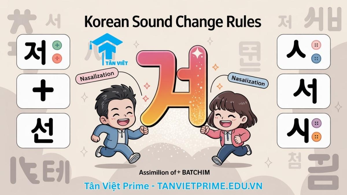 Ngữ Pháp V/A + -(으)ㄴ데/는데: Cẩm Nang Toàn Diện Để Giao Tiếp Tự Nhiên 3 Infographic giải thích quy tắc biến âm tiếng Hàn, mô tả các chữ cái Hangul được nhân hóa thành nhân vật chibi đang "biến hình" khi kết hợp với nhau để làm rõ các quy luật phát âm phức tạp. Giúp người học hình dung và ghi nhớ cách nối âm batchim một cách trực quan.