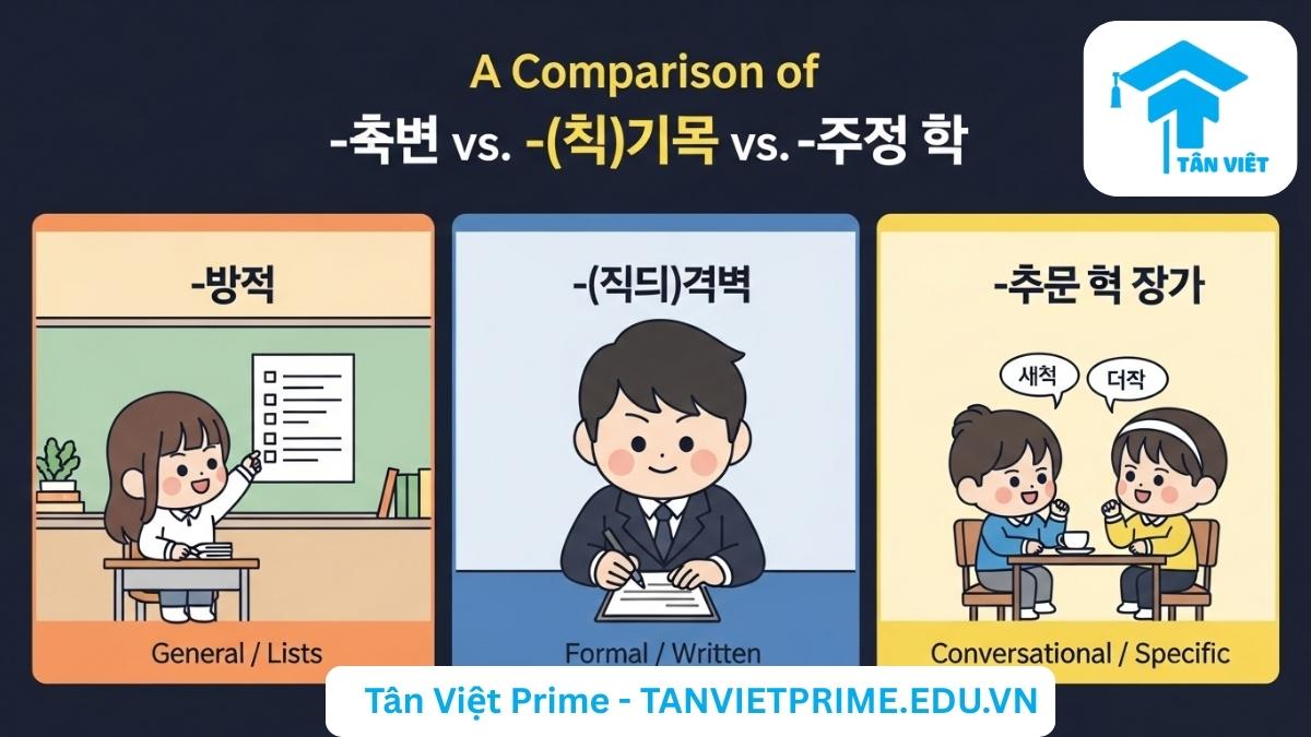 Infographic so sánh 3 cách danh từ hóa tiếng Hàn: -기, -(으)ㅁ, và -는 것, mô tả sắc thái sử dụng của từng loại (chung chung, trang trọng, giao tiếp hàng ngày) thông qua hình ảnh các nhân vật trong ngữ cảnh khác nhau để giúp người học phân biệt.