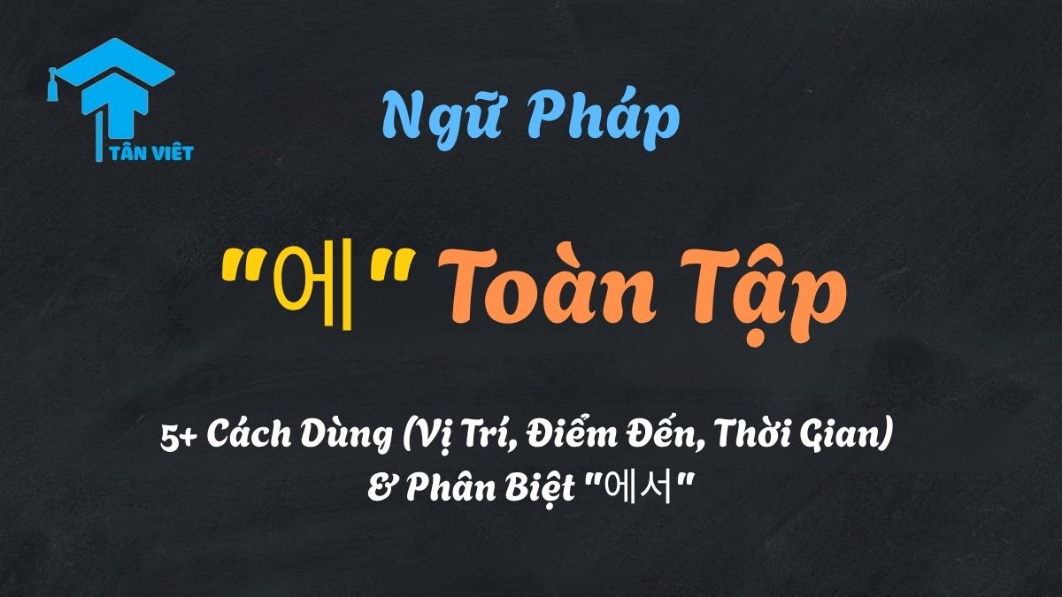 Sơ đồ giải thích các cách dùng tiểu từ "에" trong tiếng Hàn: chỉ vị trí tĩnh (ở), điểm đến (đến), thời gian (vào lúc) và phân biệt với "에서".