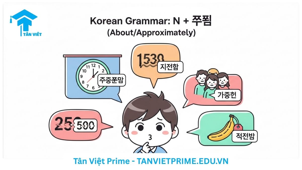 nfographic giải thích tiểu từ N + 쯤 trong tiếng Hàn, mô tả một nhân vật chibi dễ thương đang ước lượng về thời gian (khoảng 3 giờ), số lượng (khoảng 10 người), và giá cả (khoảng 4000 won) để làm rõ mục đích cốt lõi của 쯤 là diễn đạt sự xấp xỉ. Hữu ích cho người học ngữ pháp tiếng Hàn sơ cấp.
