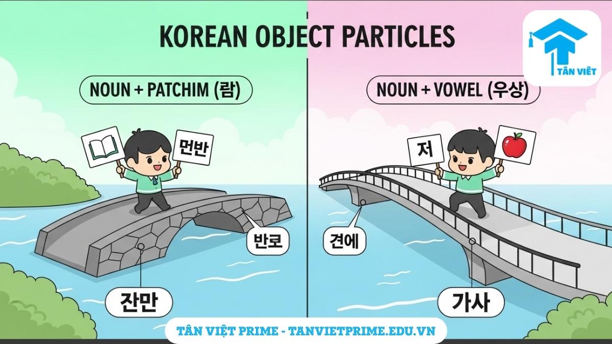 Infographic giải thích cách dùng tiểu từ tân ngữ 을/를, mô tả hai nhân vật chibi đi trên hai cây cầu khác nhau để nối danh từ với động từ để làm rõ quy tắc patchim. Học ngữ pháp tiếng Hàn cơ bản.