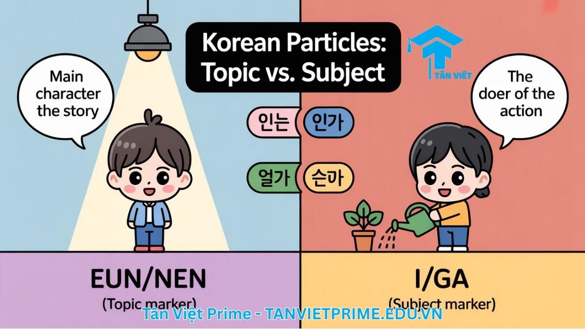 Ngữ Pháp V/A + -(으)ㄴ데/는데: Cẩm Nang Toàn Diện Để Giao Tiếp Tự Nhiên 2 Infographic giải thích tiểu từ tiếng Hàn 은/는 và 이/가, mô tả hai nhân vật chibi minh họa vai trò "chủ đề câu chuyện" và "chủ thể hành động" để làm rõ sự khác biệt cốt lõi. Giúp người học phân biệt và sử dụng đúng các trợ từ quan trọng trong câu.