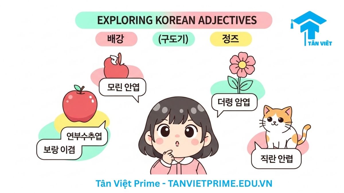 Hình ảnh minh họa giải thích về tính từ trong tiếng Hàn (형용사), mô tả một nhân vật chibi dễ thương đang xem các ví dụ như '예쁜 꽃' (hoa đẹp) và '큰 집' (nhà lớn) để làm rõ vai trò của tính từ trong việc mô tả danh từ. Bài viết cung cấp hướng dẫn đầy đủ về cách chia và các dạng bất quy tắc.