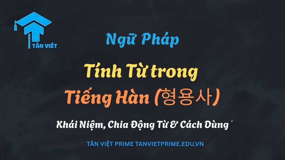 Hình ảnh minh họa về tính từ trong tiếng Hàn (형용사), với các ví dụ như '예쁜 꽃' (hoa đẹp) và '큰 집' (nhà lớn) để giải thích cách tính từ mô tả danh từ, giúp người học nắm vững cách chia và ngữ pháp liên quan.