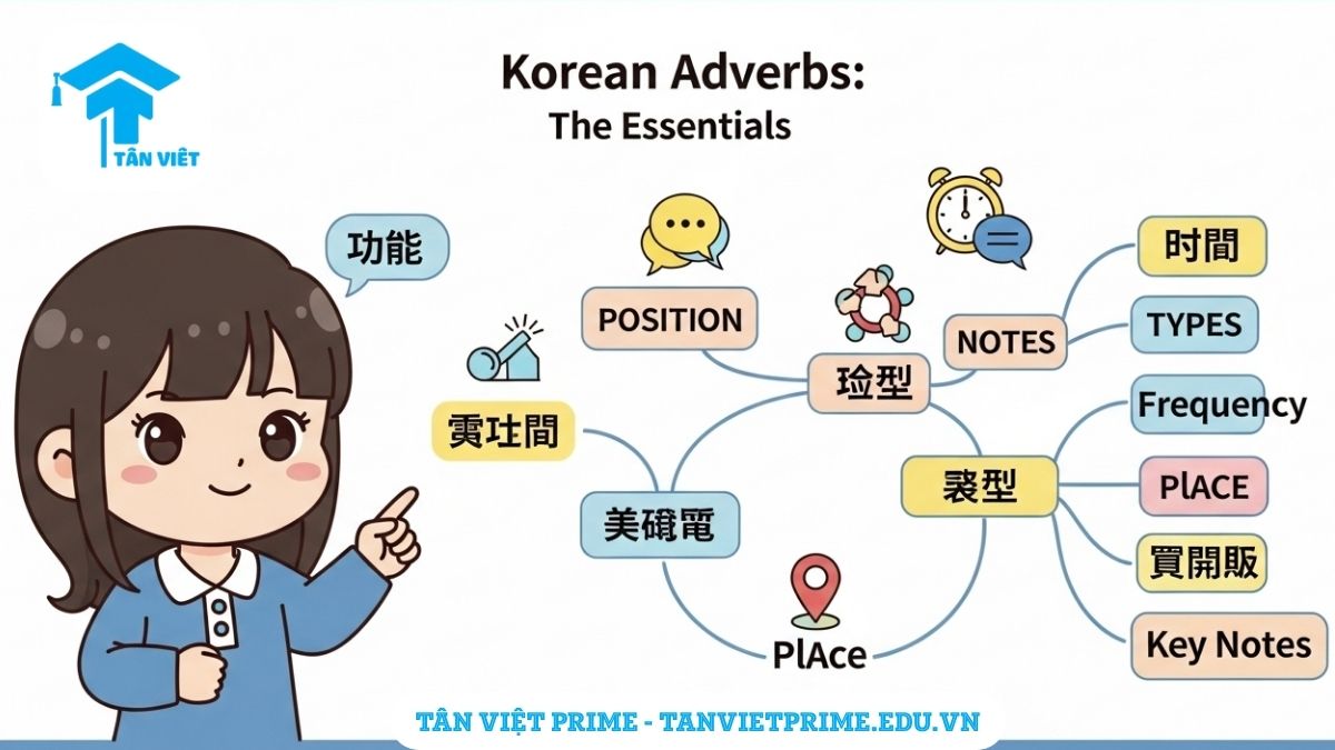 Infographic giải thích Trạng từ trong tiếng Hàn (부사), mô tả một cô gái chibi Hàn Quốc đang chỉ vào sơ đồ tổng quan về chức năng, vị trí và các loại trạng từ, để làm rõ khái niệm cốt lõi. Hiểu trạng từ giúp giao tiếp tiếng Hàn tự nhiên hơn.