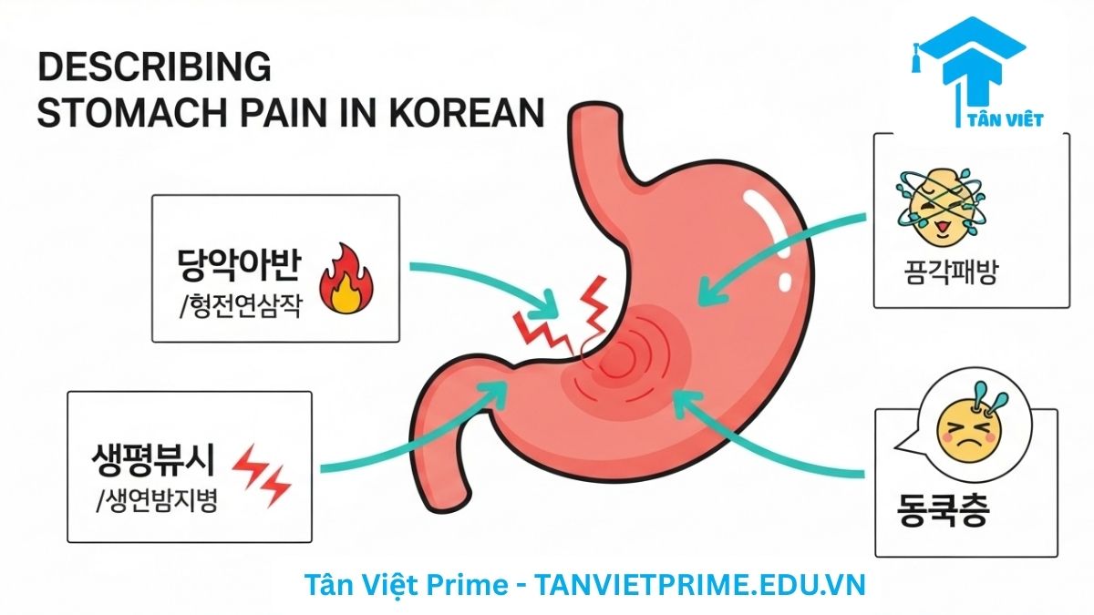 Từ Vựng Tiếng Hàn Về Bệnh Dạ Dày (Chuyên Sâu & Thực Tế Giao Tiếp) 3 Hình ảnh minh họa giải thích từ vựng tiếng Hàn về bệnh dạ dày, mô tả một nhân vật chibi đang ôm bụng đau, xung quanh là các từ tiếng Hàn như '위염' (viêm dạ dày) và '소화불량' (khó tiêu) để làm rõ chủ đề của bài viết. Học từ vựng y tế tiếng Hàn cơ bản.