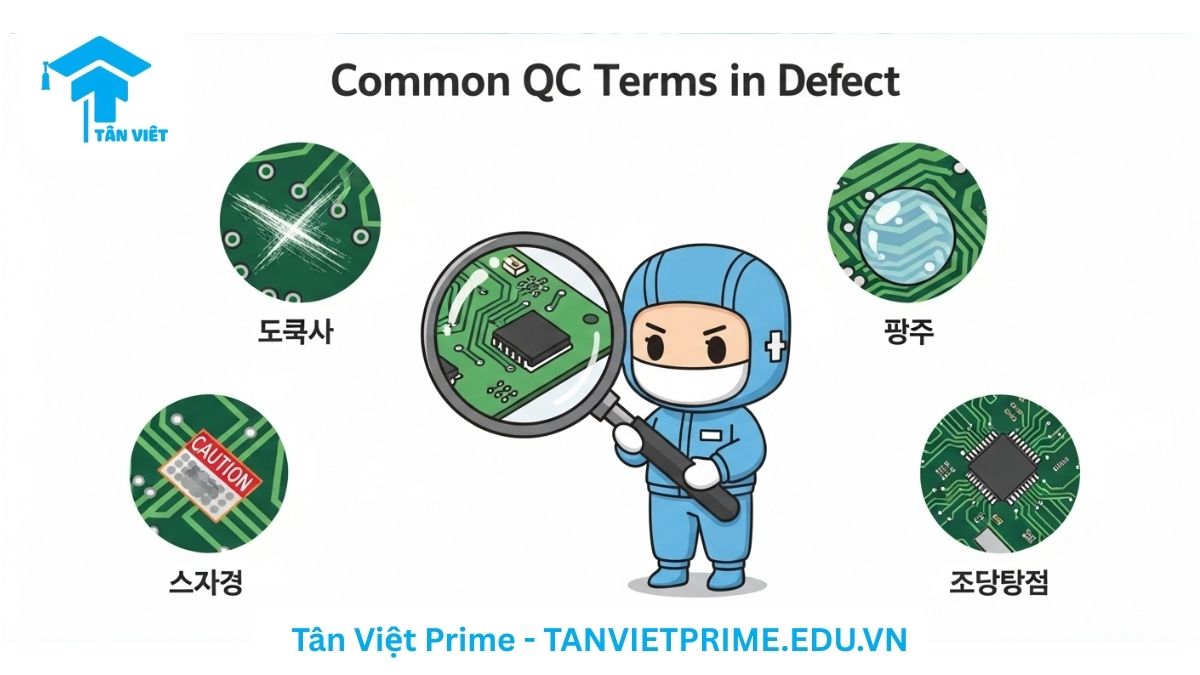 Infographic giải thích từ vựng tiếng Hàn về lỗi sản xuất (QC), mô tả một nhân viên chibi đang kiểm tra bo mạch và các loại lỗi phổ biến như trầy xước, bọt khí, ngắn mạch để làm rõ thuật ngữ báo cáo chất lượng. Rất cần thiết cho công nhân và kỹ sư nhà máy.