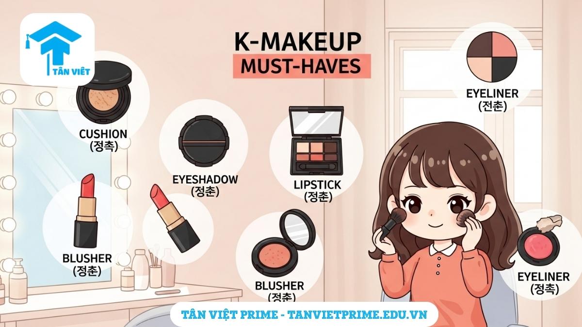 Infographic giải thích các sản phẩm trang điểm cần thiết trong K-Beauty, mô tả hình ảnh cô gái chibi đang makeup với các icon mỹ phẩm tiếng Hàn để làm rõ từ vựng trang điểm. Học từ vựng tiếng Hàn về makeup dễ dàng.