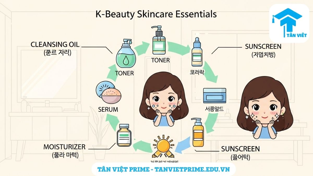 Infographic giải thích các bước chăm sóc da cơ bản trong K-Beauty, mô tả hình ảnh một cô gái chibi dễ thương cùng các icon sản phẩm skincare tiếng Hàn để làm rõ quy trình dưỡng da chuẩn Hàn. Hướng dẫn từ vựng tiếng Hàn về skincare hiệu quả.