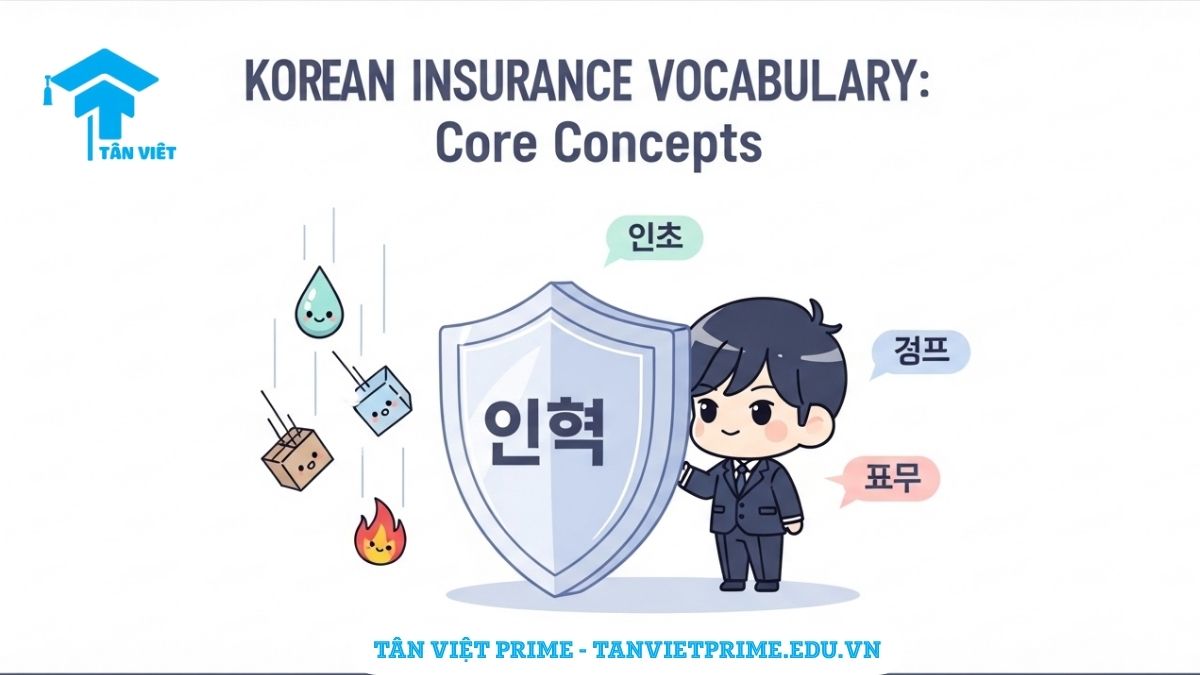 Infographic giải thích khái niệm cốt lõi của bảo hiểm, mô tả một nhân vật chibi được chiếc khiên "보험" (bảo hiểm) che chở khỏi các rủi ro, làm rõ vai trò bảo vệ của bảo hiểm.