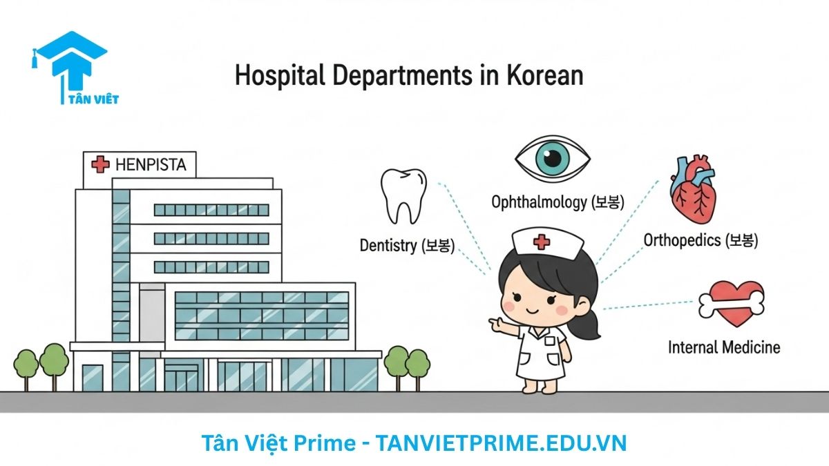 Sơ đồ giải thích từ vựng tiếng Hàn về các khoa trong bệnh viện, mô tả hình ảnh một bệnh viện với các biểu tượng cho khoa Răng, Mắt, Xương, và Nội khoa để giúp người học tìm đúng phòng khám cần đến.