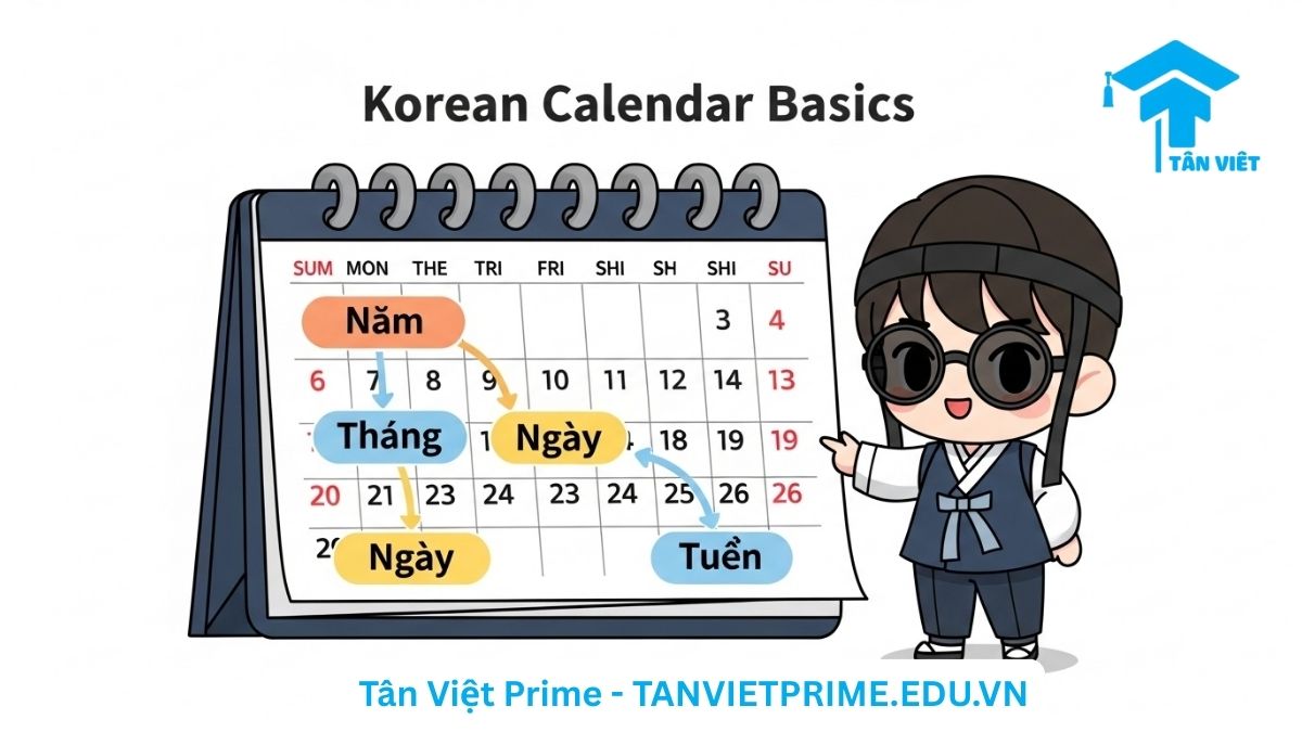Infographic giải thích từ vựng tiếng Hàn về ngày tháng cơ bản, mô tả một nhân vật chibi bên cạnh trang lịch lớn có các từ 년 (năm), 월 (tháng), 일 (ngày), 주 (tuần) để làm rõ các đơn vị thời gian cốt lõi trong tiếng Hàn. Hướng dẫn học từ vựng tiếng Hàn cho người mới bắt đầu.