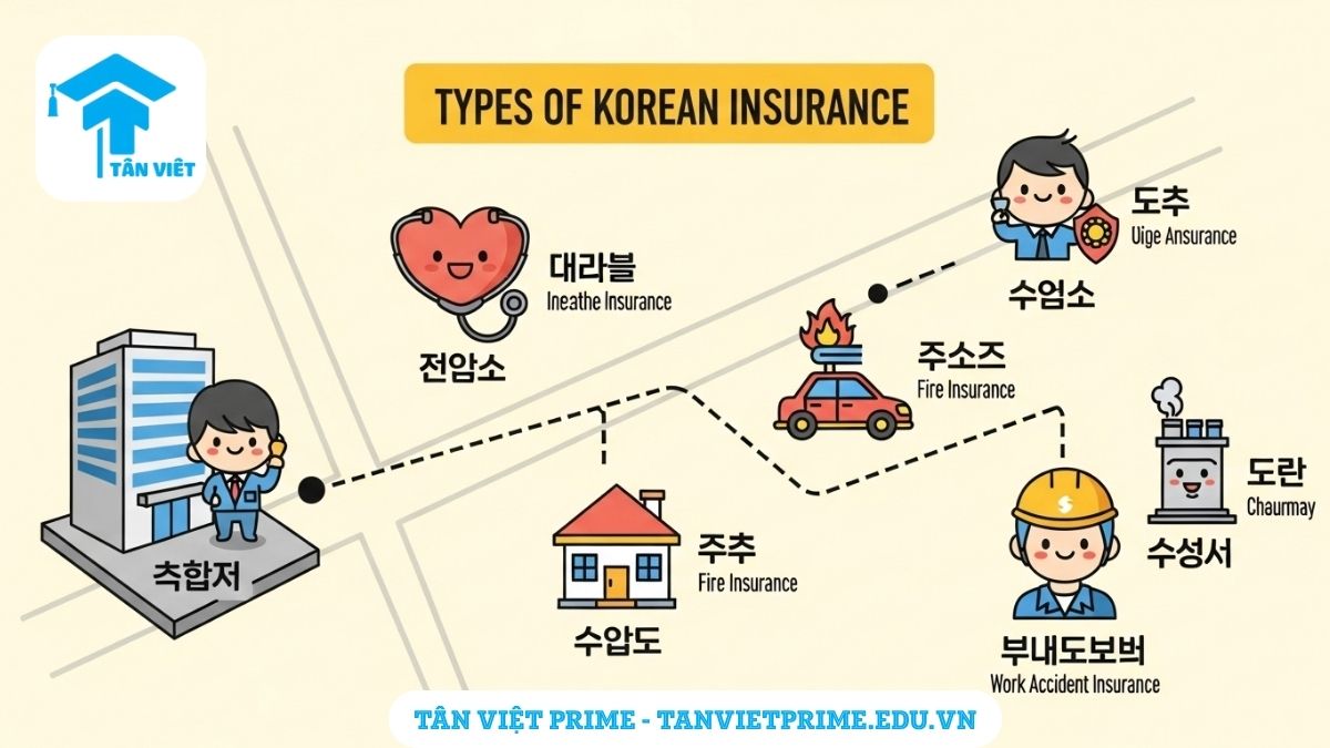 Infographic giải thích các loại bảo hiểm tiếng Hàn phổ biến, mô tả một bản đồ với các icon dễ thương cho bảo hiểm y tế, ô tô, tai nạn lao động, giúp người học phân biệt các sản phẩm bảo hiểm.
