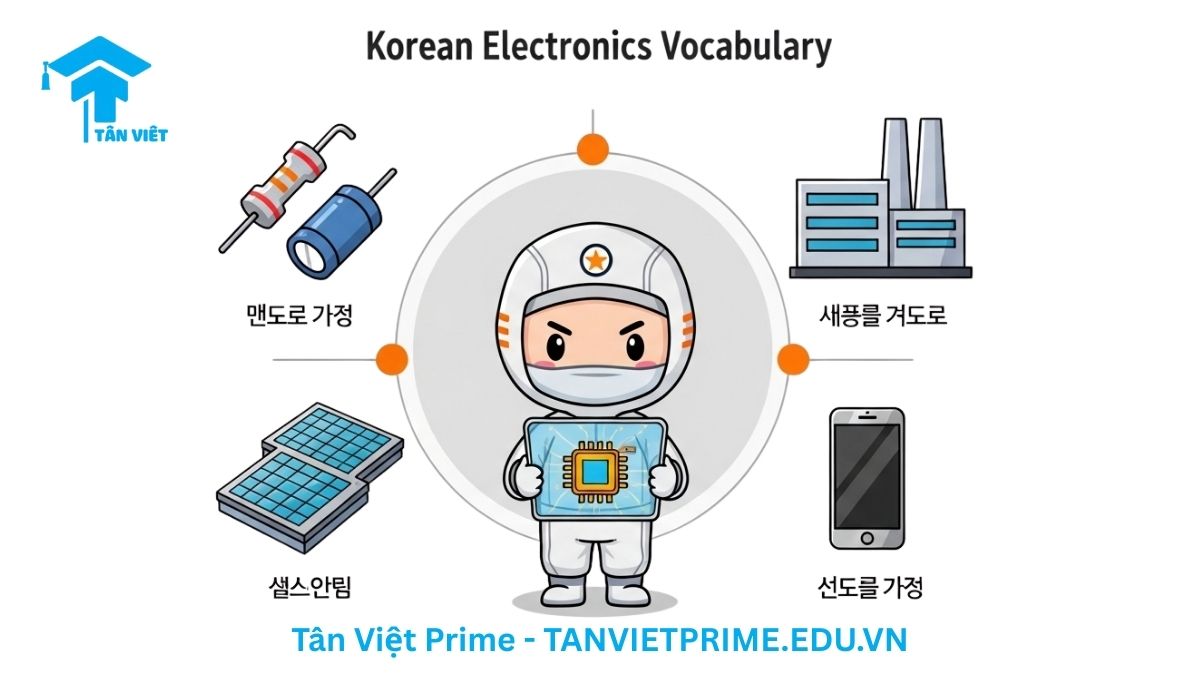 Infographic giải thích từ vựng tiếng Hàn chuyên ngành điện tử, mô tả một kỹ sư chibi và các biểu tượng về linh kiện, sản xuất, bán dẫn, và thiết bị để làm rõ các nhóm thuật ngữ chính trong ngành. Giúp người học có cái nhìn tổng quan.