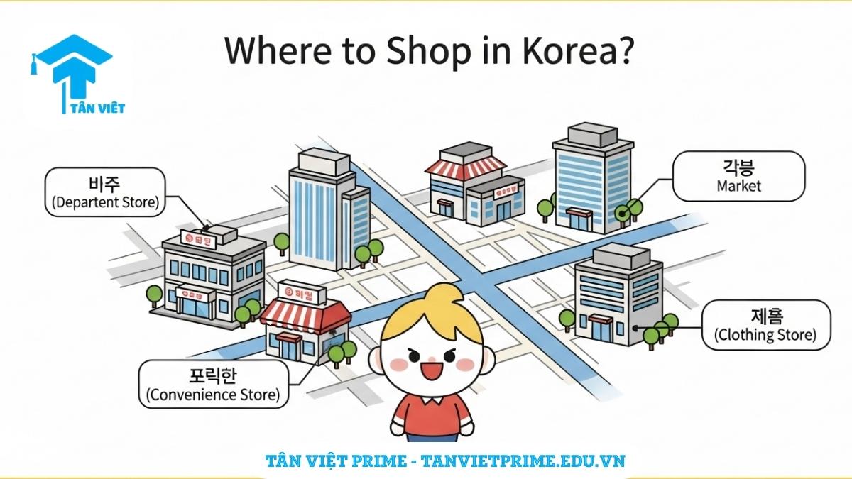 Từ Vựng Tiếng Hàn Chủ Đề Mua Sắm: Tổng Hợp Chi Tiết & Cách Giao Tiếp Hiệu Quả 2 Infographic giải thích từ vựng tiếng Hàn về địa điểm mua sắm, mô tả một bản đồ chibi với các biểu tượng cửa hàng như trung tâm thương mại, chợ, cửa hàng tiện lợi để làm rõ các loại hình cửa hàng khác nhau tại Hàn Quốc. Giúp người học nhận biết và gọi tên các nơi mua sắm.