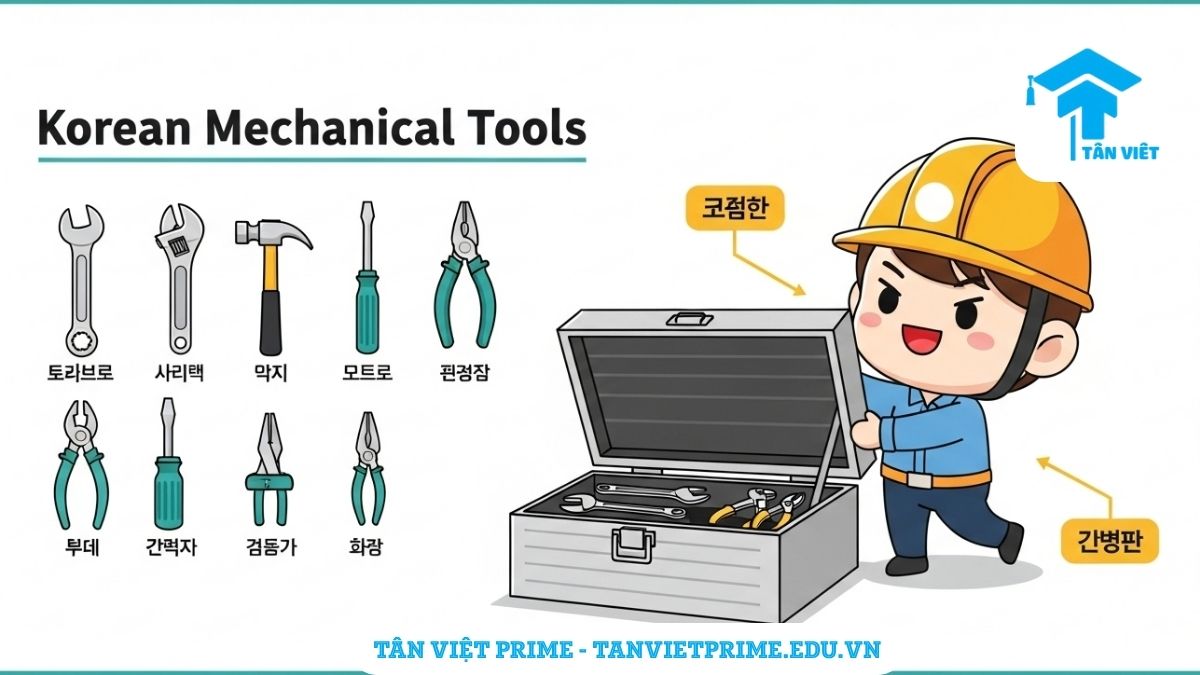 Infographic giải thích các từ vựng tiếng Hàn về dụng cụ cơ khí, mô tả một kỹ sư chibi vui vẻ với hộp đồ nghề, các công cụ như búa, kìm, cờ lê được chú thích bằng tiếng Hàn để giúp người học ghi nhớ từ vựng một cách trực quan và thú vị.