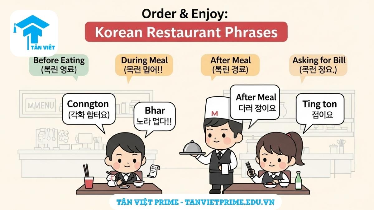 Từ Vựng Tiếng Hàn Về Các Món Ăn: Cẩm Nang Toàn Diện | Tân Việt Prime 3 Infographic minh họa từ vựng tiếng Hàn về hương vị món ăn, mô tả nhân vật chibi đang nếm thử các món ăn với các bong bóng diễn tả vị cay, ngọt, mặn, chua, đắng, nhạt bằng tiếng Hàn. Giúp người học dễ dàng diễn đạt cảm nhận về ẩm thực.