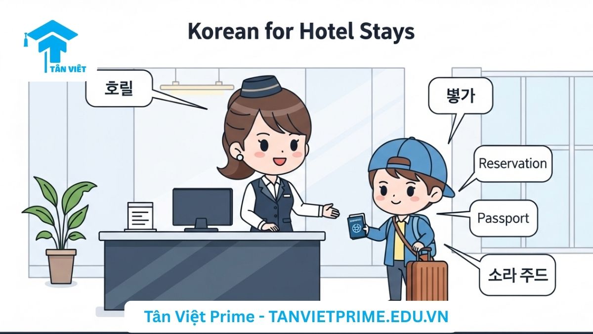 Từ Vựng Tiếng Hàn Chủ Đề Khách Sạn: Cẩm Nang Giao Tiếp Toàn Diện 2 Infographic giải thích từ vựng tiếng Hàn chủ đề khách sạn, mô tả cảnh một nhân viên lễ tân và khách du lịch theo phong cách chibi tại quầy check-in, làm rõ các thuật ngữ quan trọng như '예약' (đặt phòng) và '여권' (hộ chiếu). Giúp người học ghi nhớ từ vựng giao tiếp cơ bản.