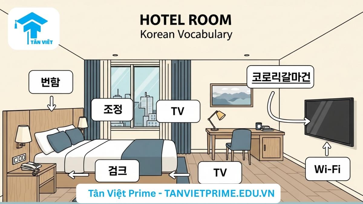 Từ Vựng Tiếng Hàn Chủ Đề Khách Sạn: Cẩm Nang Giao Tiếp Toàn Diện 3 Hình ảnh minh họa giải thích từ vựng tiếng Hàn về vật dụng trong phòng khách sạn, mô tả một căn phòng chibi hiện đại với các nhãn dán chỉ vào giường (침대), khăn tắm (수건), và điều hòa (에어컨), giúp người học nhận biết và ghi nhớ từ vựng theo chủ đề.