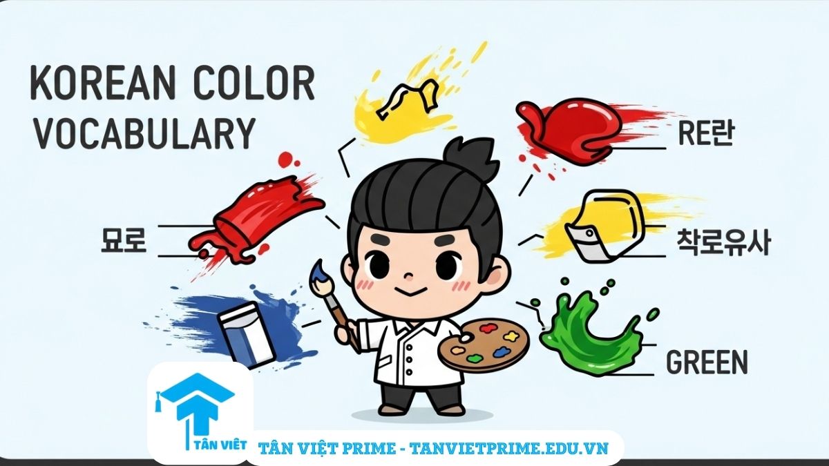 Infographic giải thích từ vựng tiếng Hàn về các màu sắc cơ bản, mô tả một họa sĩ chibi dễ thương đang vẽ, xung quanh là các vệt sơn màu đỏ, vàng, xanh để minh họa các từ vựng màu sắc chính. Bao gồm các từ khóa 빨간색, 노란색, 파란색.